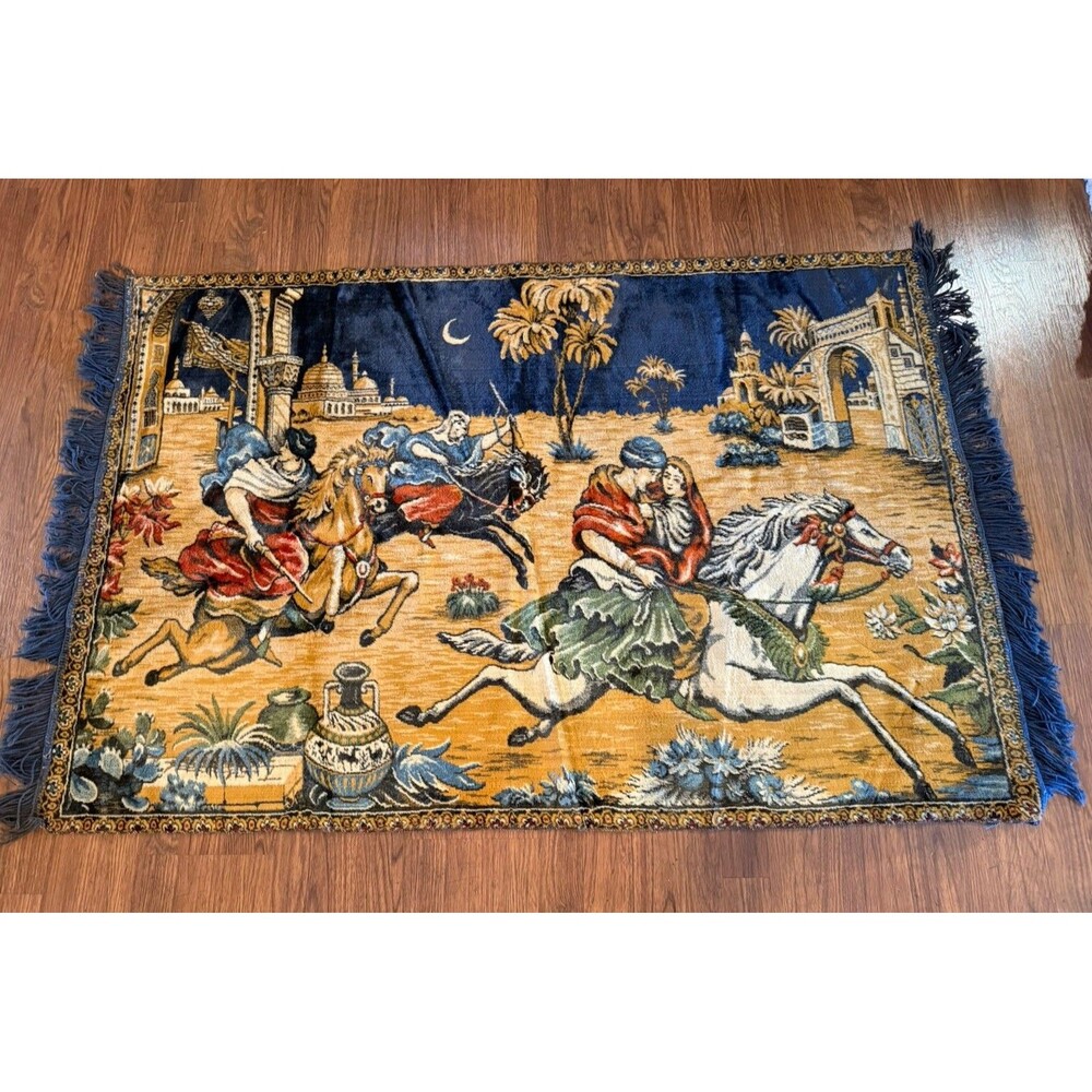 Vintage Middle Eastern Tapestry Men On Horses Scene Velvet Hanging Rug